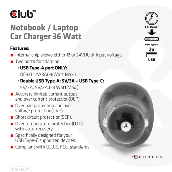 CLUB3D Notebook / Laptop Car Charger 36 Watt - Afbeelding 7