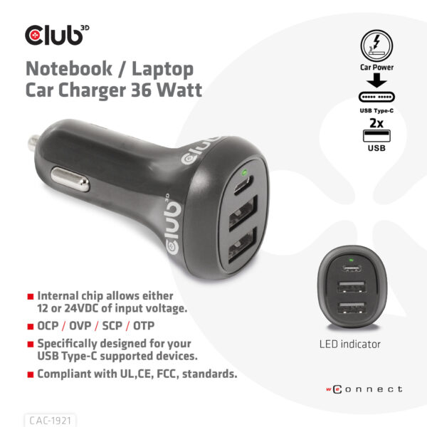 CLUB3D Notebook / Laptop Car Charger 36 Watt - Afbeelding 2