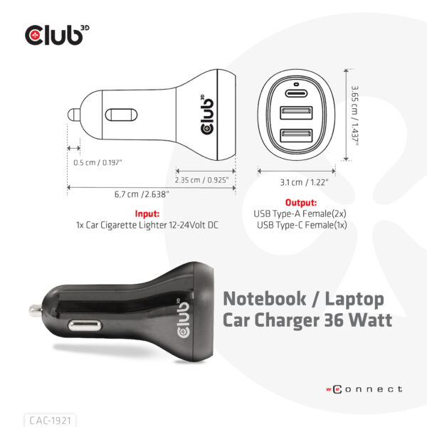 CLUB3D Notebook / Laptop Car Charger 36 Watt - Afbeelding 3