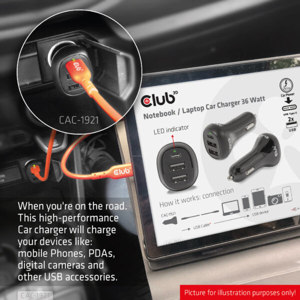 CLUB3D Notebook / Laptop Car Charger 36 Watt - Afbeelding 4