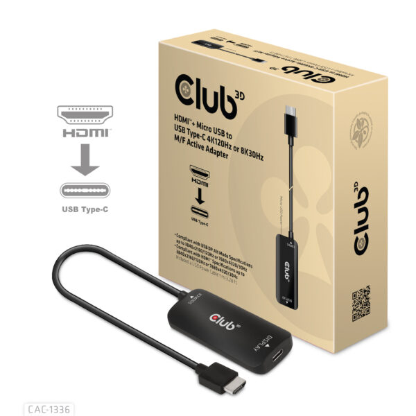 CLUB3D HDMI + Micro USB to USB Type-C 4K120Hz or 8K30Hz M/F Active Adapter - Afbeelding 2