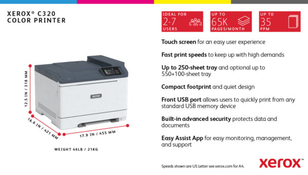 Xerox C320 A4 33 ppm draadloze dubbelzijdige printer PS3 PCL5e6/6 2 laden totaal 251 vel - Afbeelding 4