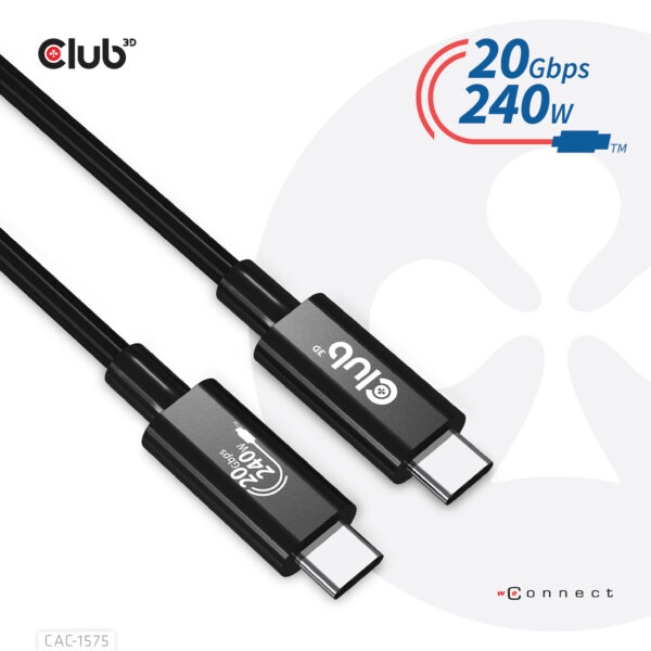 CLUB3D USB4 Gen2x2 Type-C Bi-Directional Cable 4K60Hz, Data 20Gbps, PD 240W(48V/5A) EPR M/M 2m USB IF GECERTIFCIEERD - Afbeelding 8