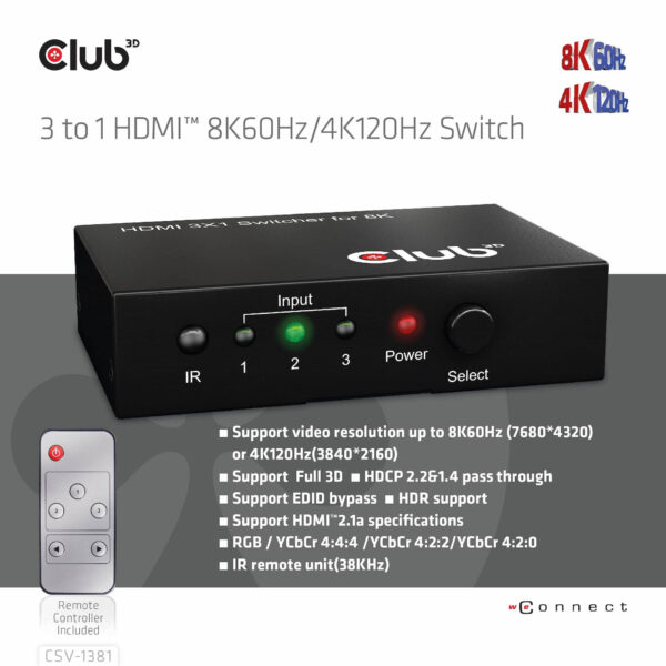 CLUB3D 3 to 1 HDMI™ 8K60Hz/4K120Hz Switch - Afbeelding 8