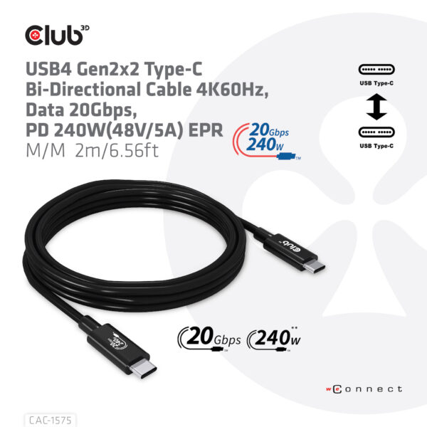 CLUB3D USB4 Gen2x2 Type-C Bi-Directional Cable 4K60Hz, Data 20Gbps, PD 240W(48V/5A) EPR M/M 2m USB IF GECERTIFCIEERD - Afbeelding 6