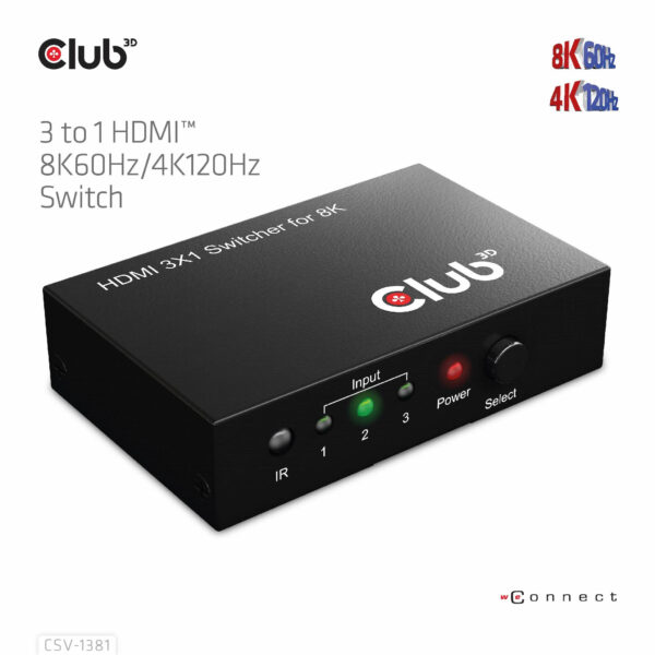 CLUB3D 3 to 1 HDMI™ 8K60Hz/4K120Hz Switch - Afbeelding 2