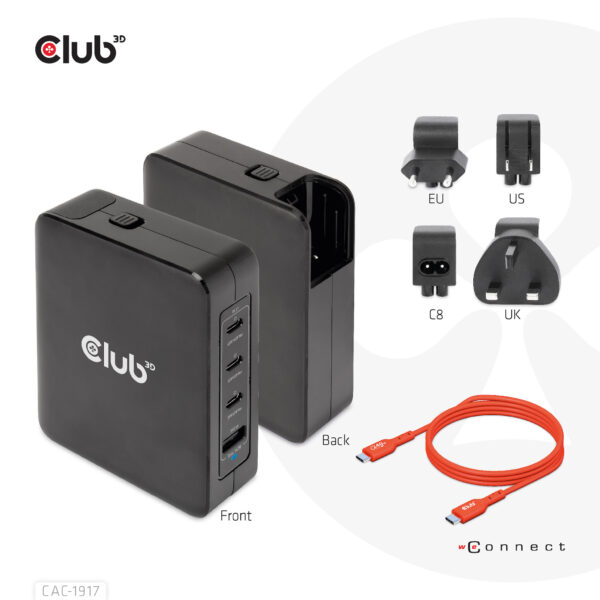 CLUB3D Internationale reislader 140 W GaN-technologie, vier poorten USB Type-A (1x) en -C (3x), PPS + Power Delivery (PD) 3.1-on - Afbeelding 7