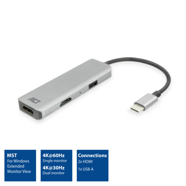 ACT USB-C 4K multiport adapter voor 2 HDMI schermen, USB-A datapoort - Afbeelding 2