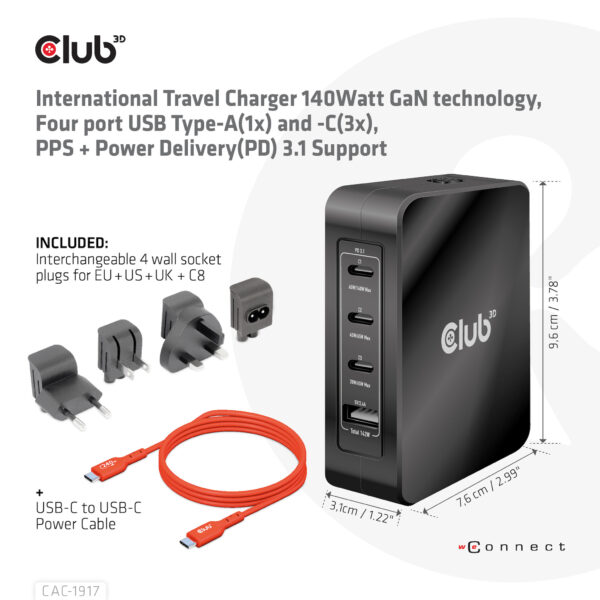 CLUB3D Internationale reislader 140 W GaN-technologie, vier poorten USB Type-A (1x) en -C (3x), PPS + Power Delivery (PD) 3.1-on - Afbeelding 3