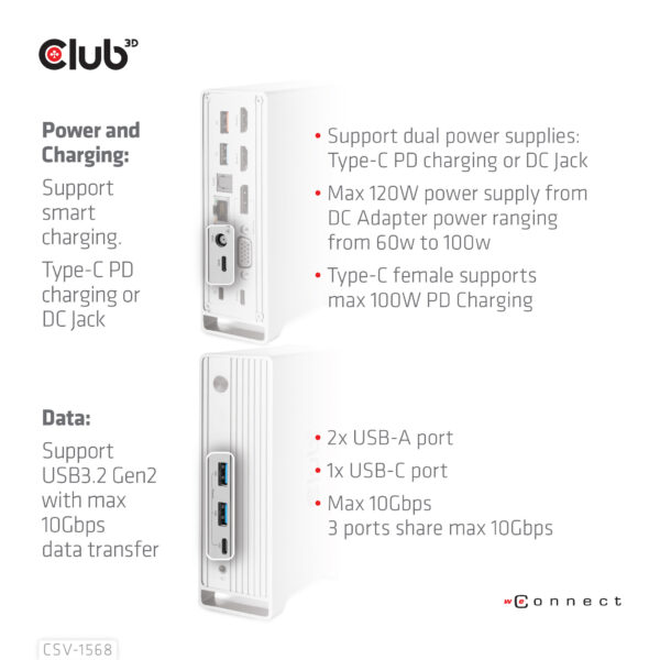 CLUB3D USB type C Universeel docking station 2x USB Gen2 Type-A 1x USB Gen1 Type-A 1x USB Type-A (ROOD) Smart Charging-poort 5V/ - Afbeelding 10