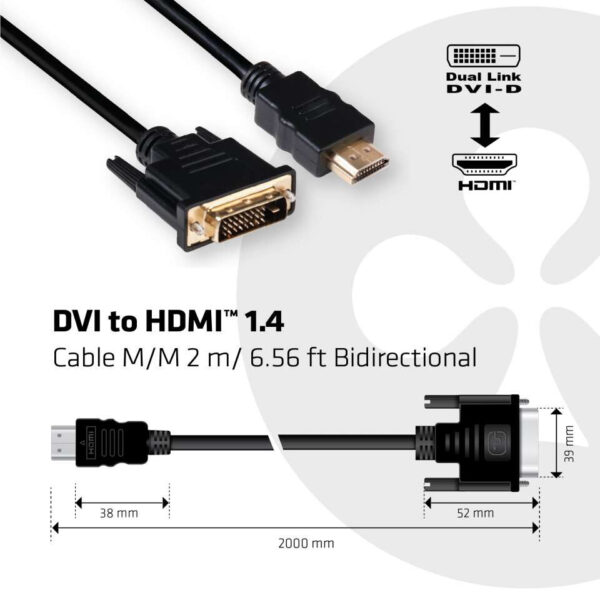 CLUB3D DVI to HDMI 1.4 Cable M/M 2 meter Bidirectional - Afbeelding 3