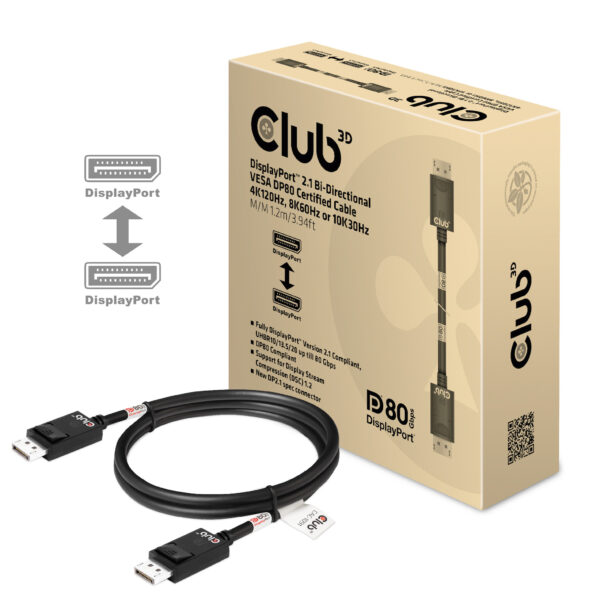 CLUB3D DisplayPort 2.1 Bi-Directional VESA DP80 Gecertificeerde kabel 4K240Hz, 8K60Hz or 10K30Hz M/M 1.2m/3.94ft - Afbeelding 2