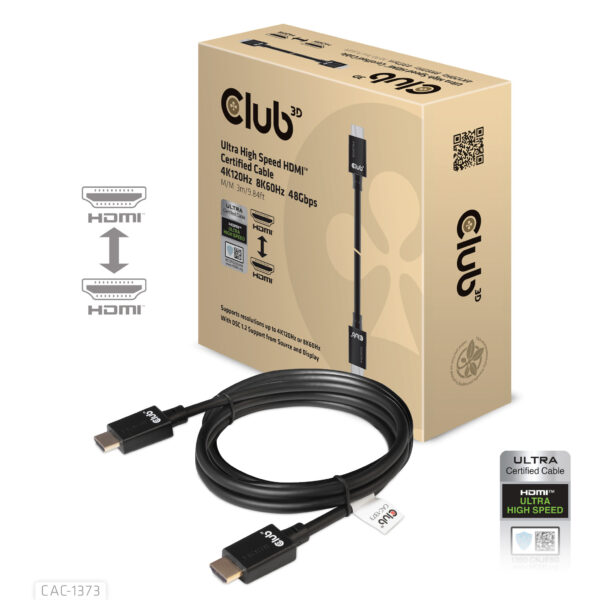 CLUB3D Ultra High Speed ​​HDMI™2.1 gecertificeerde kabel 4K120Hz, 8K60Hz 48Gbps M/V 3 meter