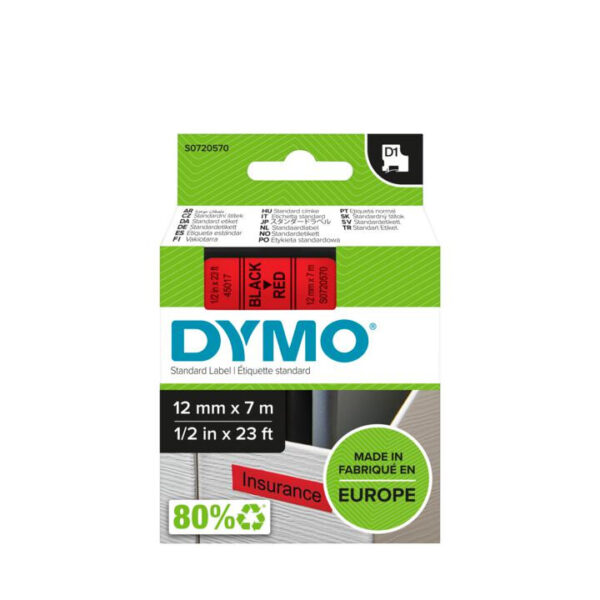 DYMO D1 -Standard Labels - Black on Red - 12mm x 7m - Afbeelding 5