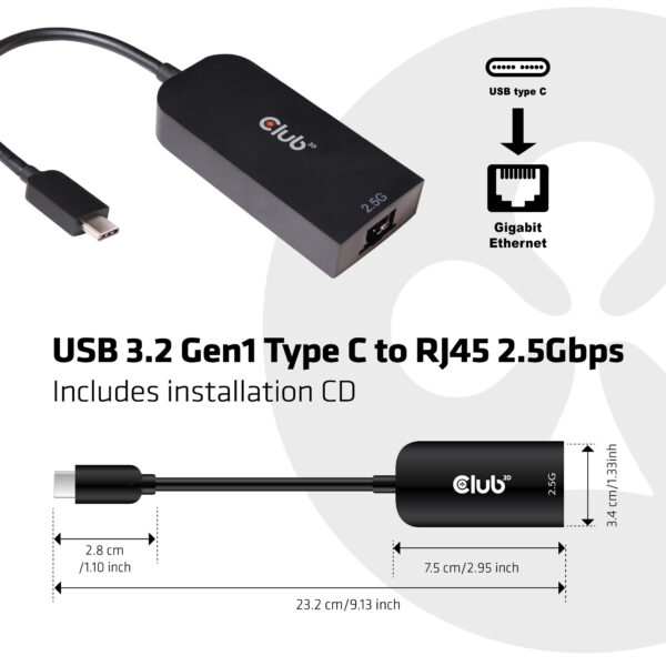 CLUB3D USB 3.2 Gen1 Type C to RJ45 2.5Gbps Adapter - Afbeelding 2