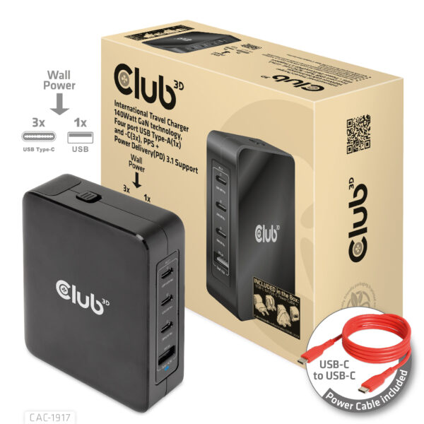 CLUB3D Internationale reislader 140 W GaN-technologie, vier poorten USB Type-A (1x) en -C (3x), PPS + Power Delivery (PD) 3.1-on