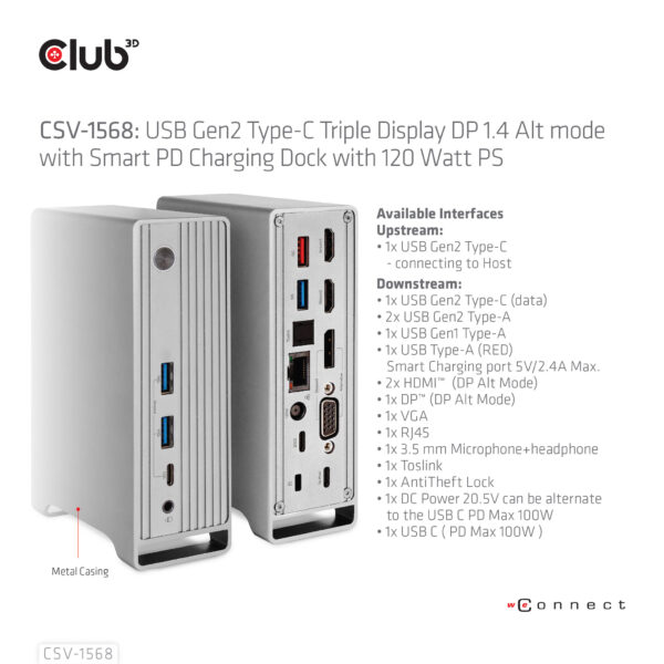 CLUB3D USB type C Universeel docking station 2x USB Gen2 Type-A 1x USB Gen1 Type-A 1x USB Type-A (ROOD) Smart Charging-poort 5V/ - Afbeelding 11