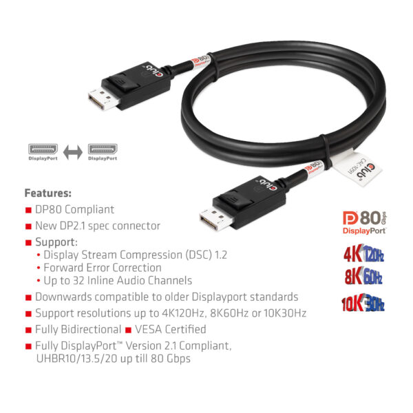 CLUB3D DisplayPort 2.1 Bi-Directional VESA DP80 Gecertificeerde kabel 4K240Hz, 8K60Hz or 10K30Hz M/M 1.2m/3.94ft - Afbeelding 5