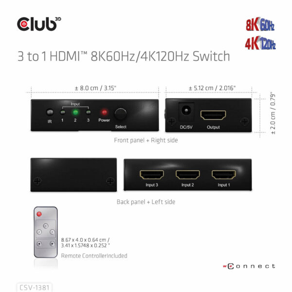 CLUB3D 3 to 1 HDMI™ 8K60Hz/4K120Hz Switch - Afbeelding 10