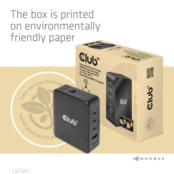 CLUB3D Internationale reislader 140 W GaN-technologie, vier poorten USB Type-A (1x) en -C (3x), PPS + Power Delivery (PD) 3.1-on - Afbeelding 10