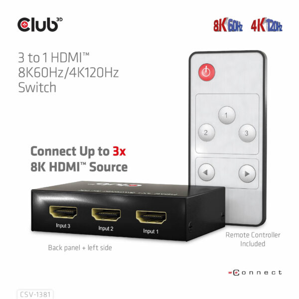 CLUB3D 3 to 1 HDMI™ 8K60Hz/4K120Hz Switch - Afbeelding 14