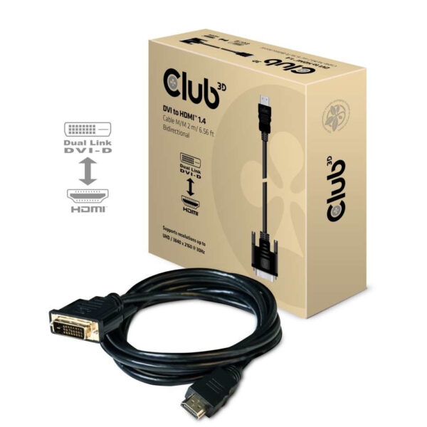 CLUB3D DVI to HDMI 1.4 Cable M/M 2 meter Bidirectional - Afbeelding 2