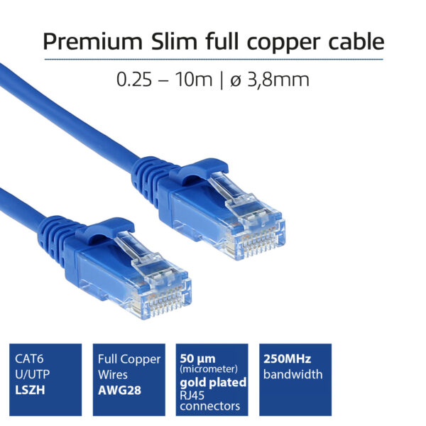 ACT Blauwe 0.25 meter LSZH U/UTP CAT6 datacenter slimline patchkabel snagless met RJ45 connectoren - Afbeelding 2