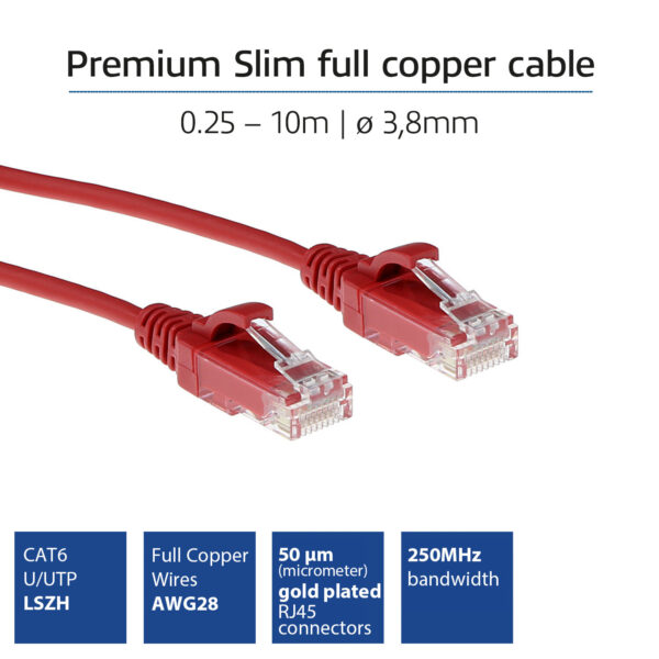 ACT Rode 0.25 meter LSZH U/UTP CAT6 datacenter slimline patchkabel snagless met RJ45 connectoren