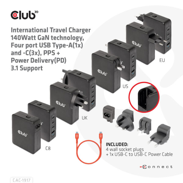 CLUB3D Internationale reislader 140 W GaN-technologie, vier poorten USB Type-A (1x) en -C (3x), PPS + Power Delivery (PD) 3.1-on - Afbeelding 8