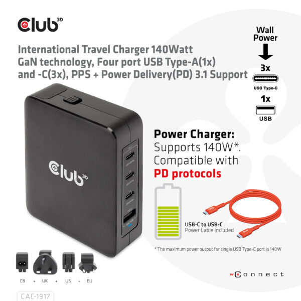 CLUB3D Internationale reislader 140 W GaN-technologie, vier poorten USB Type-A (1x) en -C (3x), PPS + Power Delivery (PD) 3.1-on - Afbeelding 2