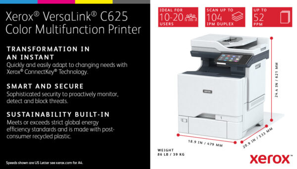 Xerox VersaLink C625 A4 50 ppm dubbelzijdig kopiëren en printen, scannen en faxen, geschikt voor PS3 PCL5e/6 2 laden voor max. 6 - Afbeelding 22