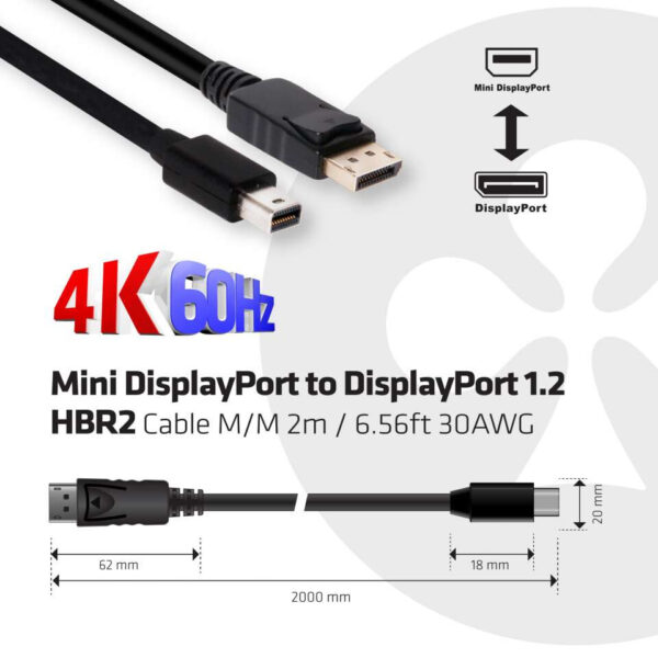 CLUB3D Mini DisplayPort to DisplayPort 1.2 M/M 2meter 4K60Hz - Afbeelding 3