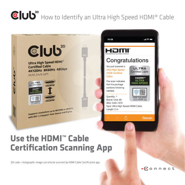 CLUB3D Ultra High Speed ​​HDMI™2.1 gecertificeerde kabel 4K120Hz, 8K60Hz 48Gbps M/V 3 meter - Afbeelding 2