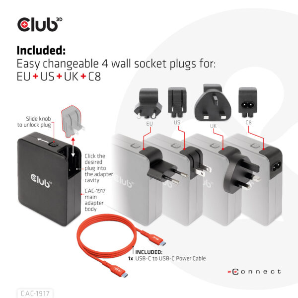 CLUB3D Internationale reislader 140 W GaN-technologie, vier poorten USB Type-A (1x) en -C (3x), PPS + Power Delivery (PD) 3.1-on - Afbeelding 5