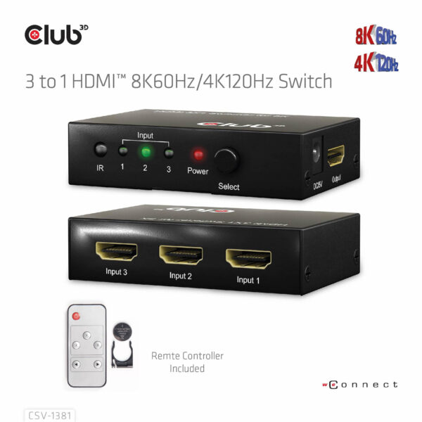 CLUB3D 3 to 1 HDMI™ 8K60Hz/4K120Hz Switch - Afbeelding 9