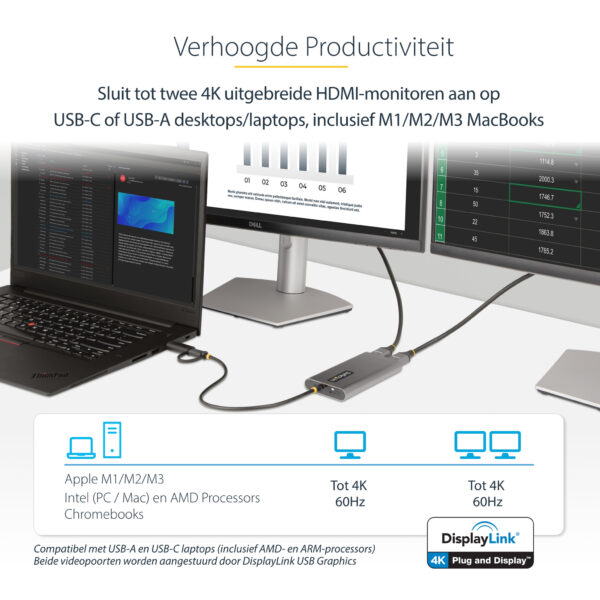 StarTech.com USB-C naar Dual-HDMI Adapter, USB-C of A naar 2x HDMI, 4K 60Hz, 100W Power Delivery Pass-Through, 30cm Ingebouwde K - Afbeelding 8