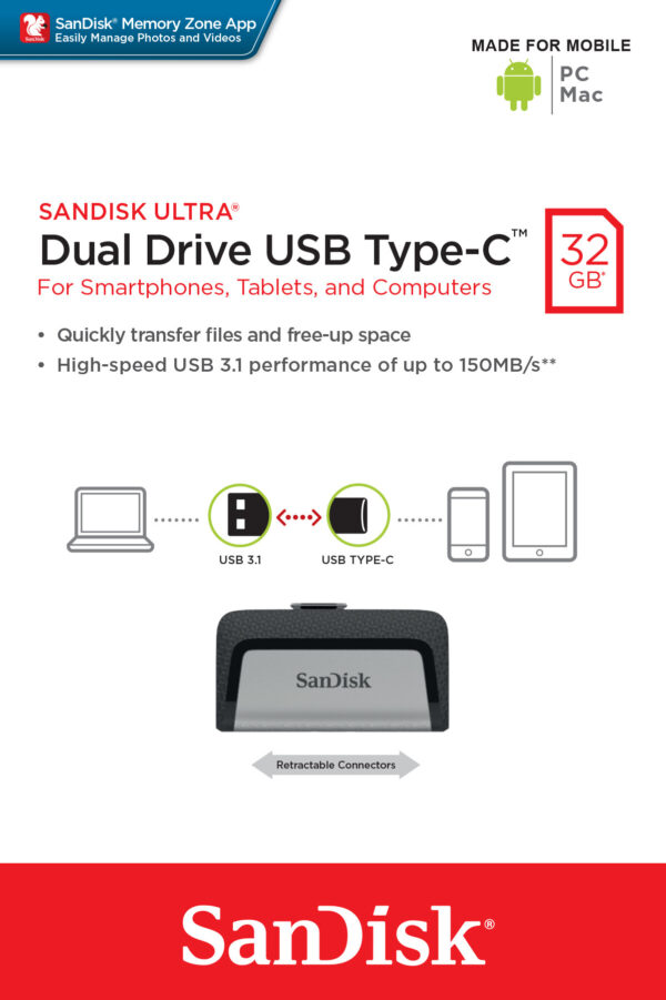 SanDisk Ultra Dual Drive USB Type-C USB flash drive 32 GB USB Type-A / USB Type-C 3.2 Gen 1 (3.1 Gen 1) Zwart, Zilver - Afbeelding 5