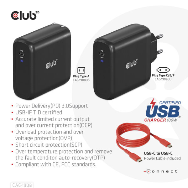 CLUB3D Travel Charger 100 Watt GAN technology, USB-IF TID certified, Single port USB Type-C, Power Delivery(PD) 3.0 Support - Afbeelding 8