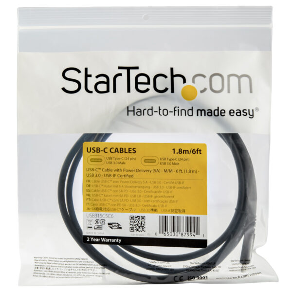 StarTech.com 1,8 m USB C naar USB C Kabel - 5A, 100W PD 3.0 - Works With Chromebook Gecertificeerd - USB-IF Gecertificeerd - M/M - Afbeelding 5