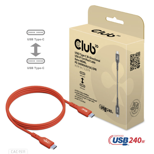 CLUB3D USB2 Type-C Bi-Directional USB-IF Certified Cable Data 480Mb, PD 240W(48V/5A) EPR M/M 4m / 13.13ft - Afbeelding 5