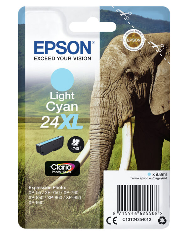 Epson Elephant Singlepack Light Cyan 24XL Claria Photo HD Ink - Afbeelding 3