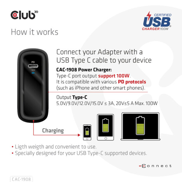 CLUB3D Travel Charger 100 Watt GAN technology, USB-IF TID certified, Single port USB Type-C, Power Delivery(PD) 3.0 Support - Afbeelding 5