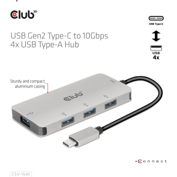 CLUB3D USB Gen2 Type-C to 10Gbps 4x USB Type-A Hub - Afbeelding 7