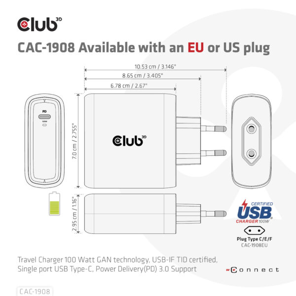 CLUB3D Travel Charger 100 Watt GAN technology, USB-IF TID certified, Single port USB Type-C, Power Delivery(PD) 3.0 Support - Afbeelding 6