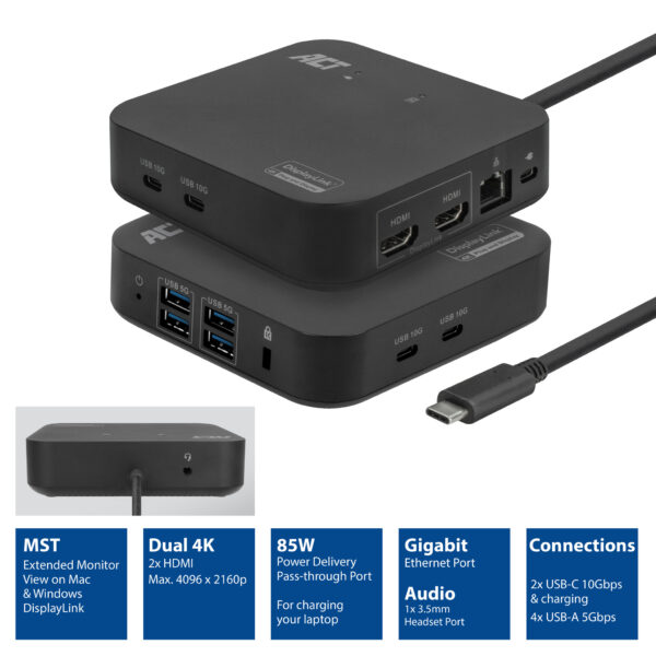 ACT USB-C Docking Station 4K, voor 2 HDMI monitoren, DisplayLink, compact model - Afbeelding 7