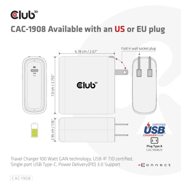 CLUB3D Travel Charger 100 Watt GAN technology, USB-IF TID certified, Single port USB Type-C, Power Delivery(PD) 3.0 Support - Afbeelding 7