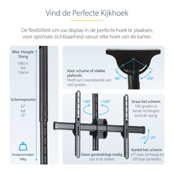 StarTech.com Dual TV Plafondbeugel, Rug-aan-Rug Heavy-Duty Ophangbeugel, VESA Beugel voor Dual 32"-75" TVs / Displays, Kantelen/ - Afbeelding 12