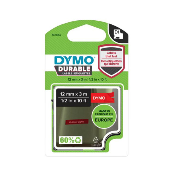 DYMO D1 -Durable Labels - White on Red - 12mm x 7m - Afbeelding 2