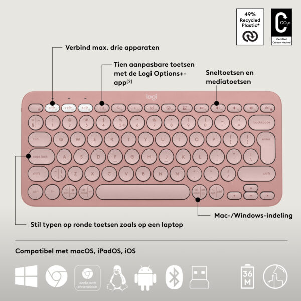 Logitech Pebble 2 Combo toetsenbord Inclusief muis Universeel RF-draadloos + Bluetooth QWERTY US International Roze - Afbeelding 6