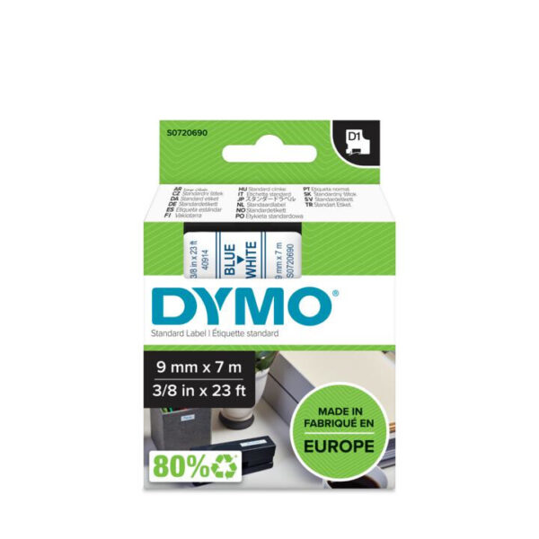 DYMO D1 -Standard Labels - Blue on White - 9mm x 7m - Afbeelding 2